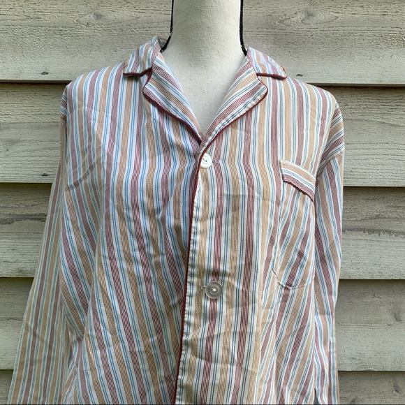 True Vintage 70s Pinstriped Button Down Long Sleeve Collared V-Neck Pajama Shirt - Picture 7 of 16